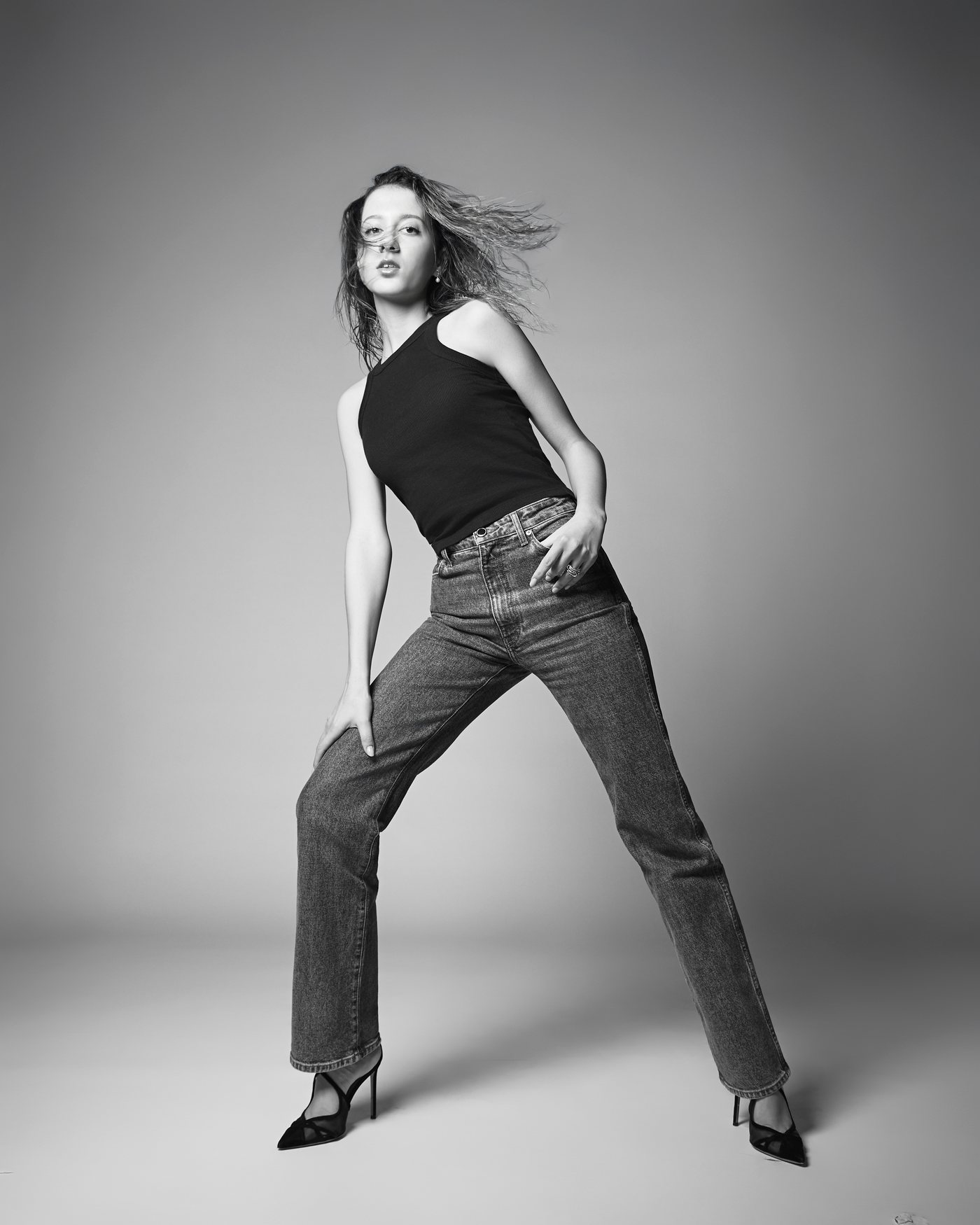Editorial, black and white, denim and tank top