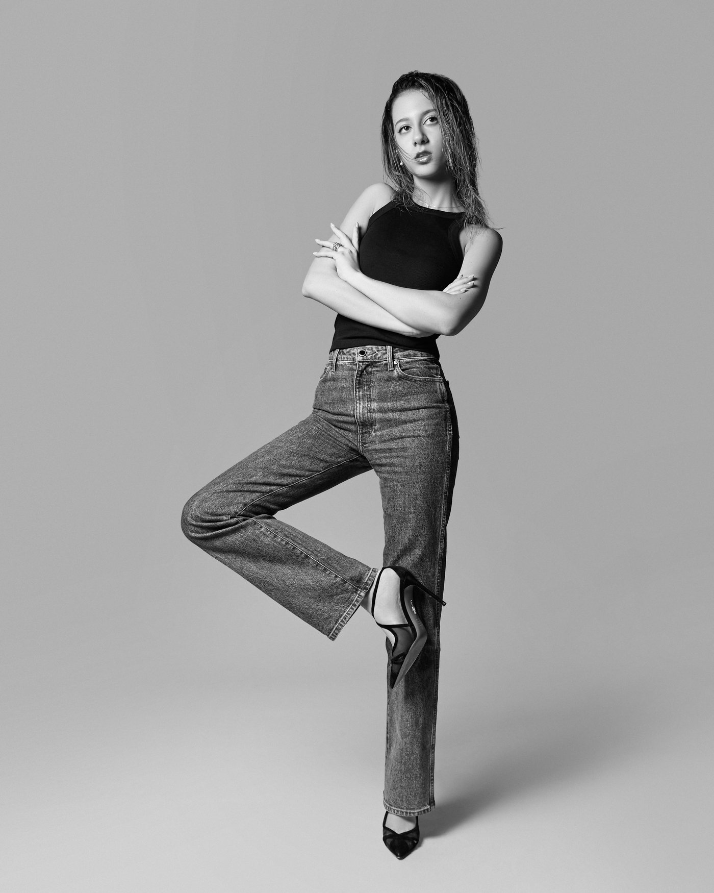 Editorial, black and white, standing pose